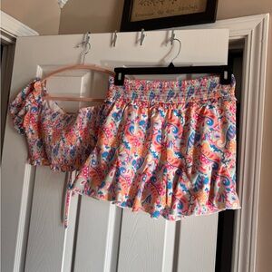 Pink Lily Floral Smocked Crop Top and Skort, Medium